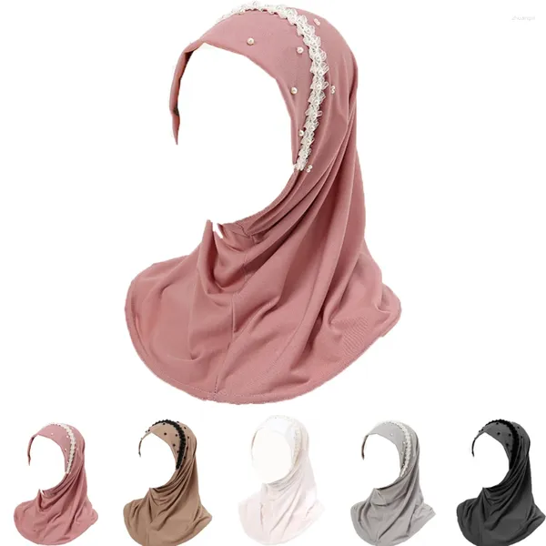 Ropa étnica Pull On Ready Instant Hijab Mujeres Musulmanas Turbante Underscarf Lace Beads Islámico Árabe Hat Headwrap Shawl Oración Cubierta completa Cuello