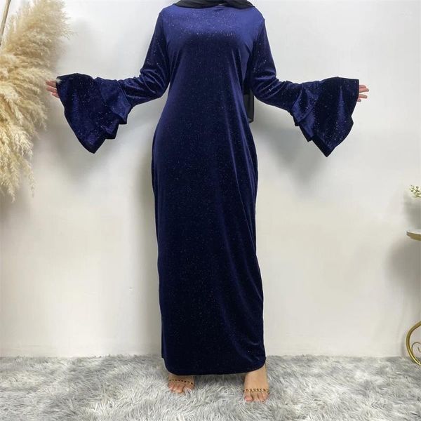 Vêtements ethniques Couleur pure Automne et hiver Épaissi Velours doré Manches évasées Robe brillante Ramadan Eid Djellaba Musulman Dubaï
