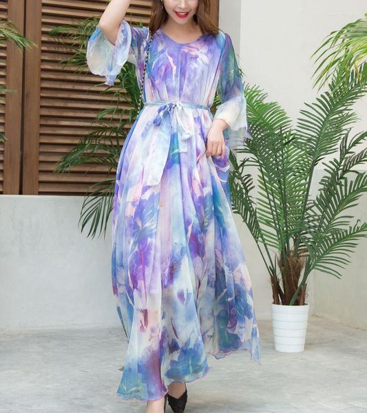 Ropa étnica Púrpura Boho Mujeres Flores Imprimir Trompeta Manga Maxi Vestido Vacaciones Abaya Ropa islámica Musulmana Playa Túnica suelta Vestidos