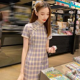 Odzież etniczna fioletowy Plaid Cheongsam ulepszony nowoczesny styl krótki Slim Fit Retro literacki Temperament sukienka dla młodej dziewczyny