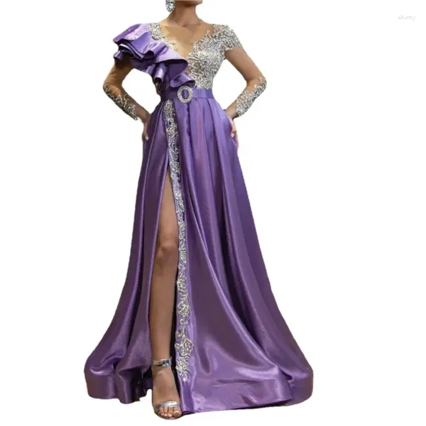 Vêtements ethniques Purple Sequin See-Through Slit Maxi Robe de soirée 2Spring Robes africaines pour femmes à manches longues Slim Elegant Party Fairy