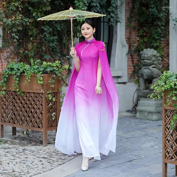 Ropa étnica Púrpura-Blanco Degradado Satén Vestido chino Femenino Largo Qipao con chal 2 unids Mujeres Elegante Cheongsams Banquete de gran tamaño