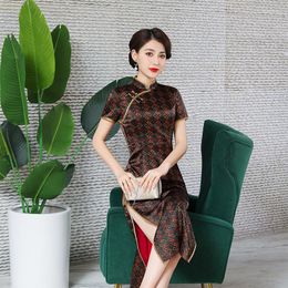 Etnische kleding Qipao Dress Vintage Mulberry Silk Gedrukt Evening Banquet Lange Chinese stijl Cheongsam Dagelijkse retro orient Elegante Vesridos