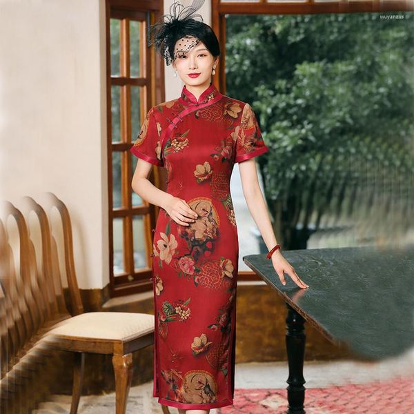 Vêtements ethniques Qipao Robes de soirée Soie Cheongsam Robe Haut de gamme Personnalisation Rouge Plus Grande Taille Cheongsams Traditionnel Chinois