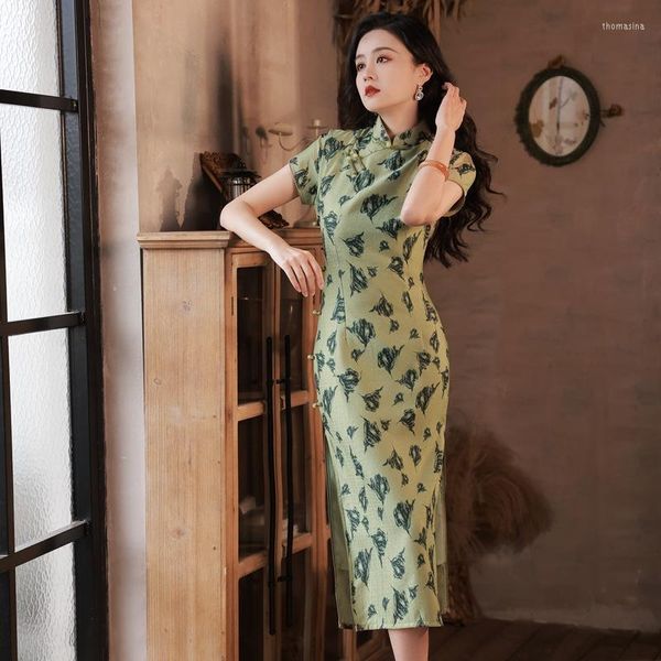 Ropa étnica Qipao niñas Vintage elegante Delgado estilo chino suave flor verde oscuro impreso diario Retro Cheongsam vestido mujeres Sexy