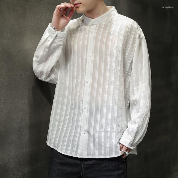 Vêtements ethniques Qualité Soie Blanche Chinois Traditionnel Pour Hommes Rayé D'été Blouses Confortables Grande Taille Col Mandarin T-shirts