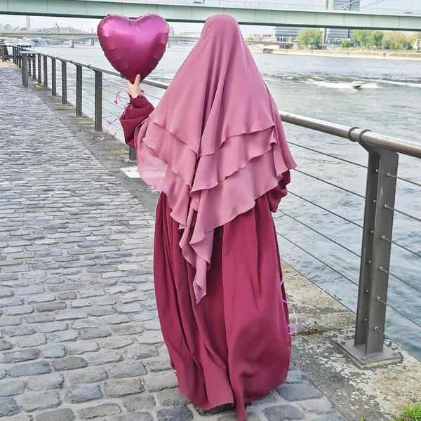 Vêtements ethniques Ramadan 3 couches en mousseline de soie Foulard Eid Solid Hijab Khimar Islam Abaya Turban Hijabs Femme Lace-up Kaftan Headwraps Musulman