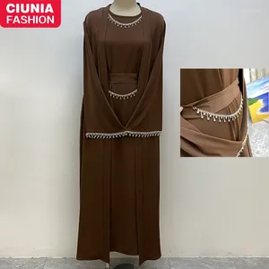 Vêtements ethniques Ramadan Abaya Dubai Luxury 2 chaîne Nida Turkey Modesty Robe Elegant with Pockets Musulm SetS Kimono Kaftan Islam Khimar