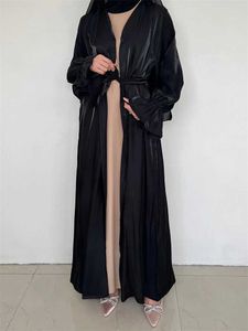 Vêtements ethniques Ramadan noir Satin musulman Kimono Abaya Turquie Islam Modest Hijab Robe Jalabiya pour femmes Ka Robe Femme Musulmane Kaftan T240510