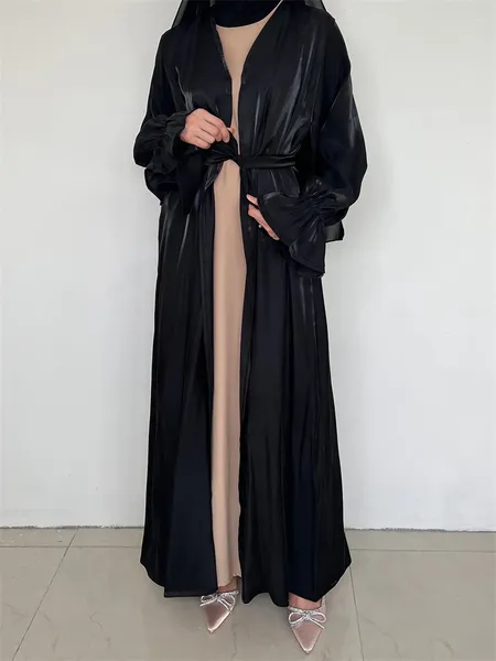 Vêtements ethniques Ramadan Black Satin Musulman Kimono Abaya Turquie Islam Modeste Hijab Robe Jalabiya pour femmes Kebaya Robe Femme Musulmane