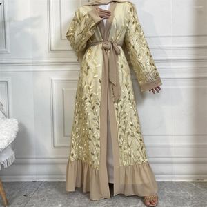 Vêtements ethniques Ramadan Dubaï Femmes Kimono Cardigan Robe en dentelle Broderie Musulman Abayas Turquie Kaftan Jalabiya Longue Femme Musulmane