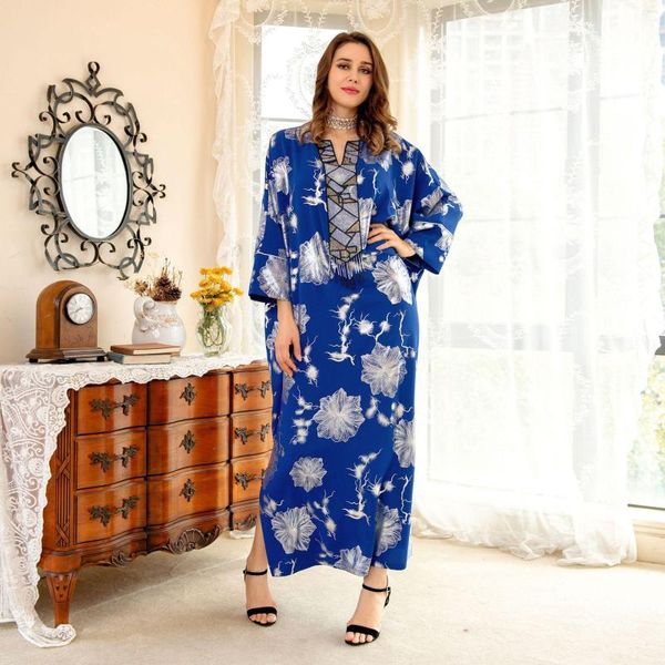 Ropa étnica Ramadán Eid Bronceado Flor Con Cuentas Borla Abaya Vestido Mujeres Azul Musulmán Marroquí Kaftan Dubai Turquía Árabe Jalabiya