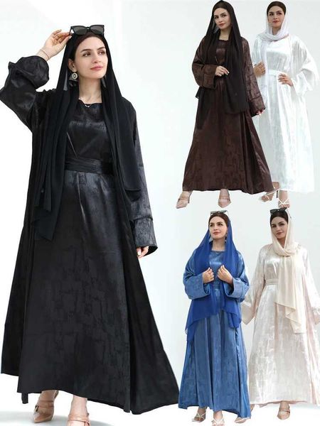 Vêtements ethniques Ramadan Eid Dubai Black Satin Abaya Turquie Islam Kimono Muslim Robe Filts Vêtements de prière pour femmes Kaftan Robe Femme Musulmane T240510