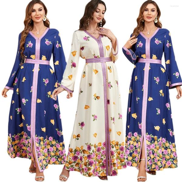 Ropa étnica Ramadán Eid Estampado floral Abaya para mujeres Musulmán Maxi Vestido Turquía Kaftan Islámico Dubai Tarde Marruecos Jalabiya Caftan Árabe