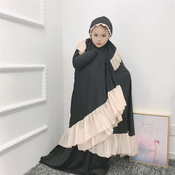 Ropa étnica Ramadán Eid Niñas Hijab Vestido Niños Oración Prenda Musulmana Bufanda Abaya Overhead Khimar Caftan Falda 2 Piezas Conjunto Islámico