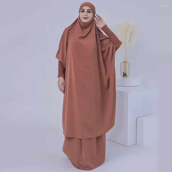 Ropa étnica Ramadán Eid Jilbab 2 piezas Conjunto musulmán Mujeres Oración Ropa Nida Con capucha Abaya Largo Khimar Hijab Vestido Kaftan Niqab Islam