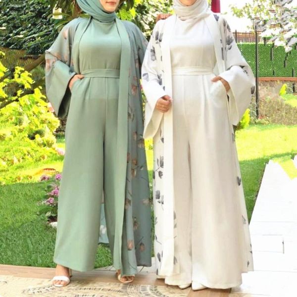 Ropa étnica Ramadán Eid Kimono Abaya vestido a juego mono de lino musulmán conjuntos Hijab vestido Formal Abayas para mujeres Dubai árabe Kaftan
