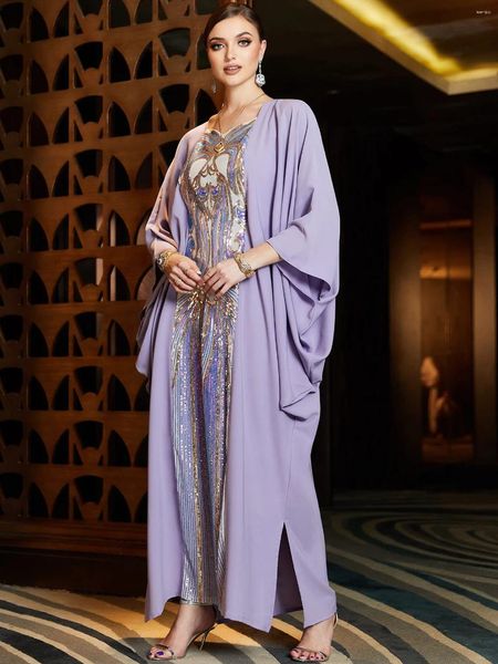 Ropa étnica Ramadán Eid Mubarak Dubai Kaftan Abaya Turquía Mujeres musulmanas Vestido de noche Batwing Manga Purple Sequín bordado Elegante