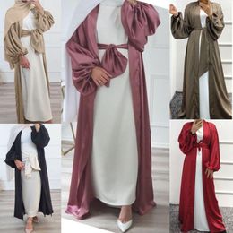 Vêtements ethniques Ramadan Eid Hobe musulmane lisse silky élégant pure couleur robes satin femmes modestes robes de port avec ceinture wy160w