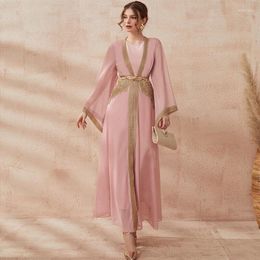 Roupas étnicas Ramadan Eid Muslim Conjuntos de vestidos longos para mulheres Dubai Vestidos de noite Abaya Turquia Vestidos marroquinos Rosa Islâmico Kaftan Árabe