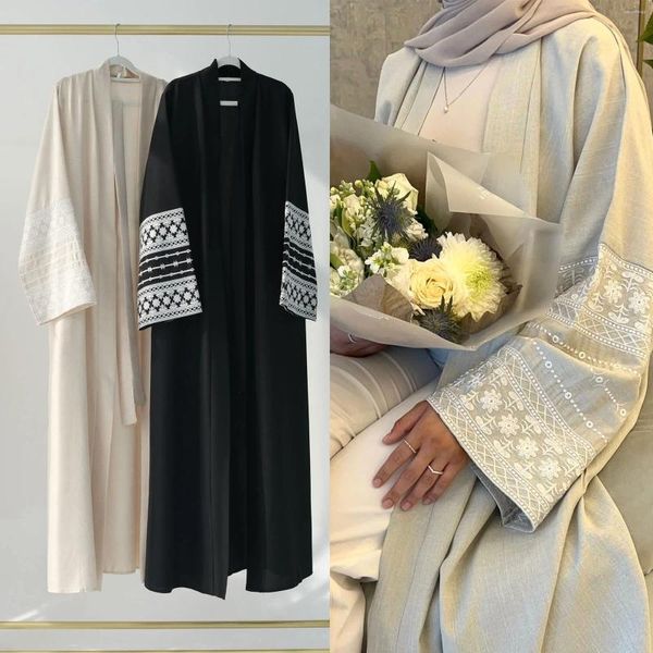 Ropa étnica Ramadán bordado elegante negro Abaya lino abierto cardigans femmes bata musulmane árabe islámico kimono kaftan oración