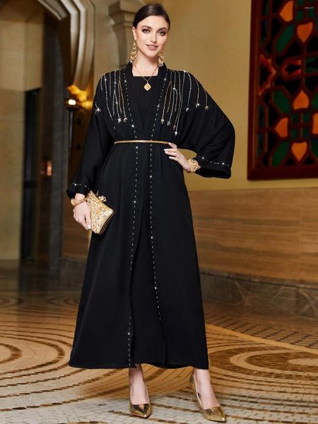 Vêtements ethniques Ramadan Marocain Musulman avec satin de perles de riz cousu à la main noire sur Dubaï Saoudien Robe Cardigan Islamique Overlay Abaya