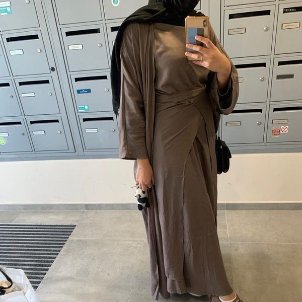 Vêtements ethniques Ramadan musulman 3 pièces ensemble femmes Dubaï arabe modeste tenue Kimono ouvert Abaya Maxi robe portefeuille jupe avant Eid Femme Djellaba