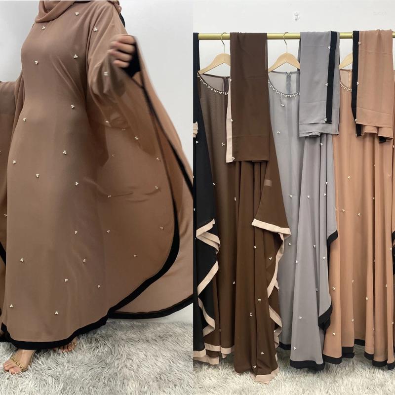 Ethnische Kleidung Ramadan Muslim Abaya Kopftuch Frauen 2 Stück Set Abayas Marokko Perlenkleid 2024 Islamische Vestido Strickjacke Kaftan Arabisch