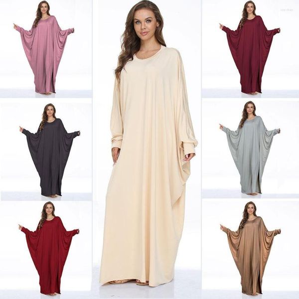 Ropa étnica Ramadán Vestidos musulmanes Abayas para mujeres Vintage Sólido Maxi Vestido Mujer Bat Robe Sundress Casual Manga larga Vestidos