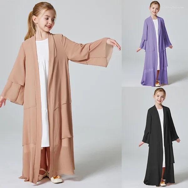 Ropa étnica Ramadán Musulmán Girls 3 capas de gasa de 3 capas Vestido abaya abierta ropa exterior de kebaya (sin hijab)