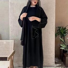 Etnische kleding Ramadan Moslim Open Abaya voor vrouwen Dubai Lange jurk vier stukken Moslimsets Turkije Islamitische stiksels abayas met riem hijab 230529