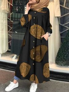 Etnische kleding Ramadan Moslim Gedrukte Maxi -jurk Vrouwen Abaya Islamitische kleding Casual Long Slve Shirt Vestidos Vrouwelijke knop Robe zomer 2022 T240515