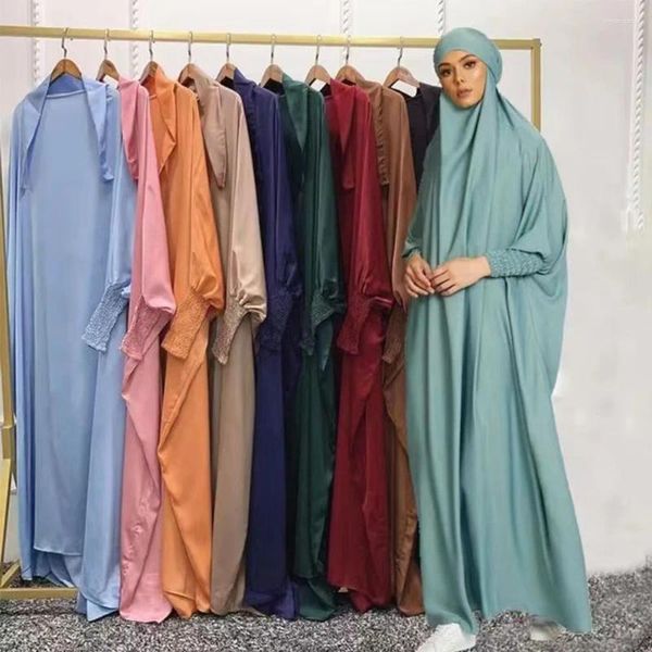 Ropa étnica Ramadán Túnica musulmana Una pieza Manga cincha Vestido largo Oración Hijab Jilbab Mujeres con capucha Abaya Niqab Islam Dubai Llanura