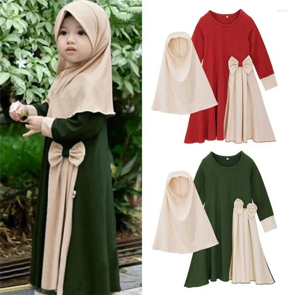 Ropa étnica Ramadán Musulmán Sets Kids Vestidos hijab 2 piezas Abaya Dubai Eid Islámica Ropa de oración Árabe Girlas Long Robe Rojo Kaftan