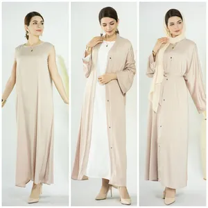 Vêtements ethniques Ramadan Femmes musulmanes Open Abaya Sans manches Maxi Robe Ensemble 2 pièces Dubaï Kimono Kaftan Turquie arabe Jalabiya Islamic