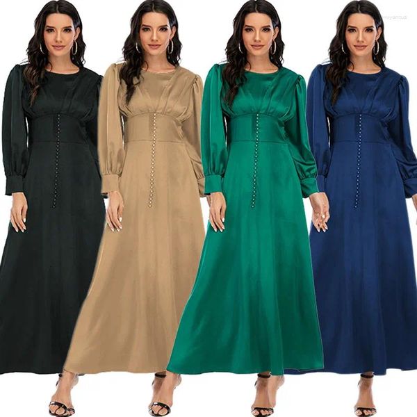 Ropa étnica Ramadán Mujeres Musulmanas Color Sólido Satén Vestido Largo Árabe Abaya Islámico Dubai Cuentas Fiesta Noche Elegante Maxi Robe Vestido