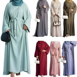 Vêtements ethniques Ramadan Open Abayas Dubai 2 pièces Sets Femmes musulmanes Kimono Saborde sans manches Set Turkey Islamic Arab Cardigan Bobes Robe