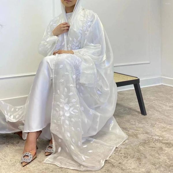 Ropa étnica Ramadán Tallas grandes Bordado de malla blanca Abayas abiertas para mujer Manga de soplo Kimono Dubai Turquía Kaftan Cardigan Robe Muslim