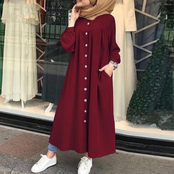 Vêtements ethniques Ramadan Solide Manches longues Musulman Hijab Chemise Robe Casual Poche Abaya Dubaï Robes africaines formelles pour femmes islamiques