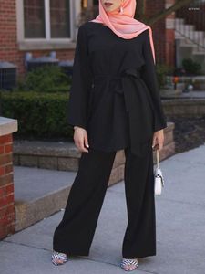 Etnische kleding Ramadan vrouwen 2 stuks Set bijpassende outfit Nida Plain Belted Tops Long Wide Leg broek Moslim Dubai Turkije bescheidenheid Abaya Sets