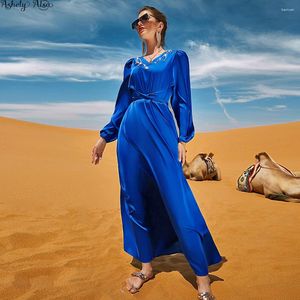 Vêtements ethniques images réelles dubaï arabe femmes robe à manches longues BluePrincess fête robes de bal Caftan Marocaine Femme Abayas dames