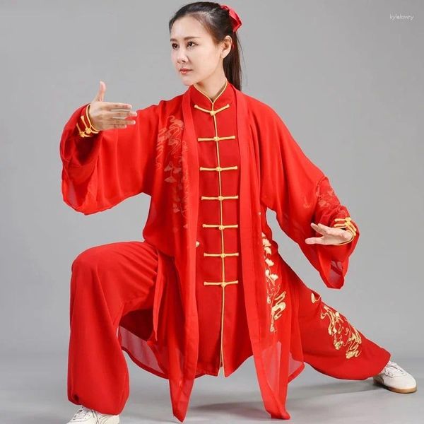 Vêtements ethniques Rouge 3 pièces Ensemble Costume de guerrier chinois Wushu Uniforme Outfit Wing Chun Costume traditionnel Tang Tai Chi TA2007