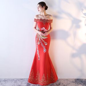 Etnische kleding rode bruid cheongsam lange moderne qipao sexy Chinese oosterse stijl borduurjurken traditionele trouwjurk vrouwen mode