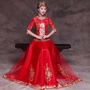 Etnische kleding Rode bruid Cheongsam Lange jurk vrouwen avond Moderne Chinese trouwtradities gewaad Orientale plus maat