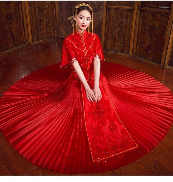 Vêtements ethniques Mariée rouge Cheongsam Vintage Style chinois Robe de soirée de mariage Broderie Phoenix Qipao Costume Robes Taille S-XXL