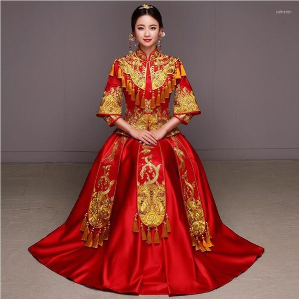 Vêtements ethniques Robe de mariée rouge Robe de mariée traditionnelle ancienne Qipao Femme Style chinois Costume brodé Vintage Cheongsams