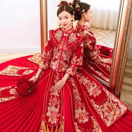 Vêtements ethniques Robes de mariée de mariée rouge Toast Toast Chinois Style pour femmes Hanfu Costume traditionnel plus taille Cheongsam 4xl 5xl 6xl