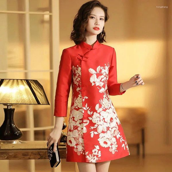 Ropa étnica Rojo Cheongsam Vintage Mandarin Collar Qipao Mujeres Elegante A-Line Vestidos de estilo chino Jacquard Vestidos Lady Sexy Qipaos