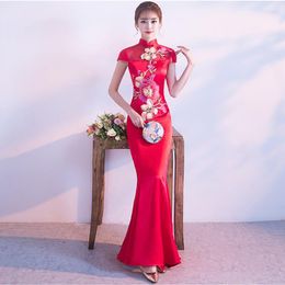 Ropa étnica Estilo chino rojo Boda Cheongsam Vestido Retro Sexy Slim Party Tarde Vestido de matrimonio Qipao Vintage Lady Ropa Vestidos