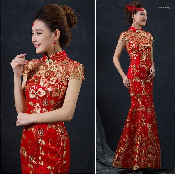 Vêtements ethniques rouge chinois robe de mariée femme à manches longues Cheongsam or mince traditionnel femmes Qipao pour la fête